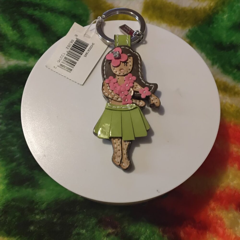 COACH Hawaiian Dancing Hula Girl w/ Lei Charm Keychain RARE NWT